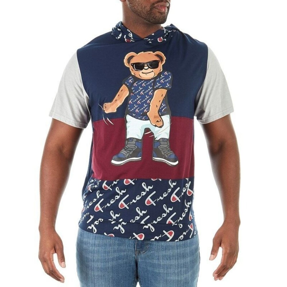 Vibes Hooded Fresh Bear Graphic Men’s T-Shirt Navy Size Small New